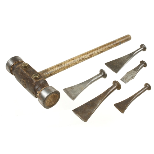 834 - Five shipwright's caulking irons and a mallet G+