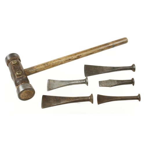 834 - Five shipwright's caulking irons and a mallet G+