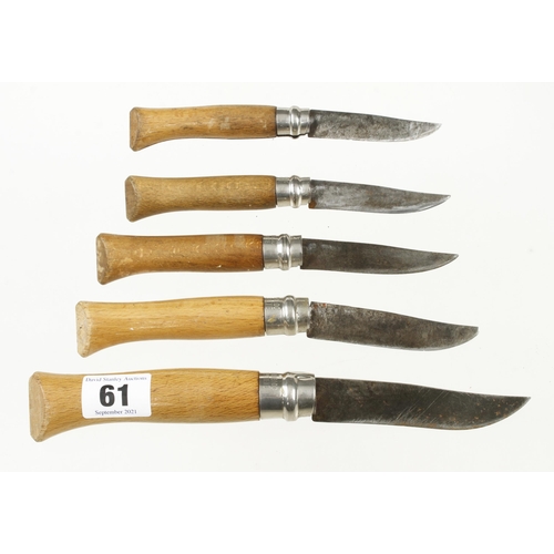 61 - Five wood handled folding knives by OPINAL France G+