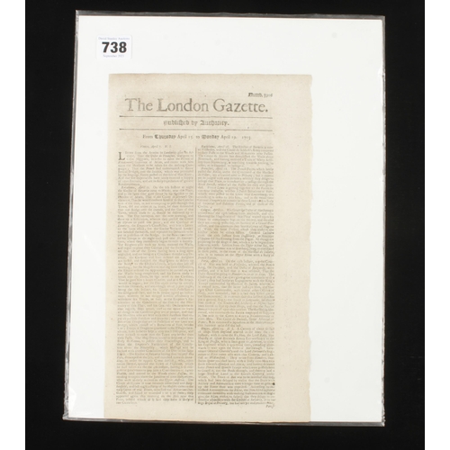 738 - The London Gazette; The front cover from 15 to 19 April 1703 G