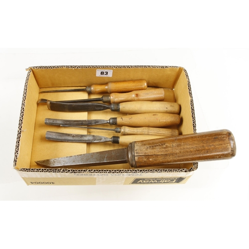 83 - Six carving tools and a mortice chisel G+