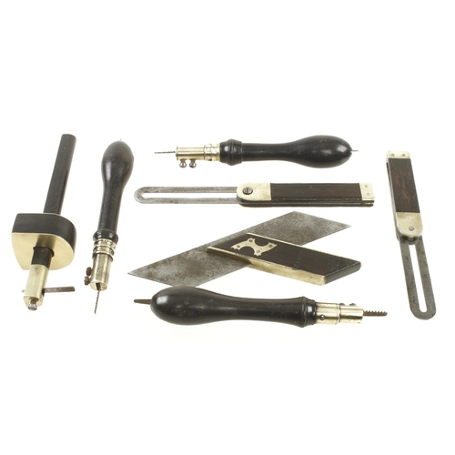 244 - A brass faced slitting gauge and 6 other ebony and brass tools G+