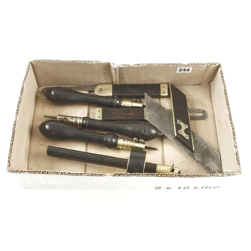 244 - A brass faced slitting gauge and 6 other ebony and brass tools G+