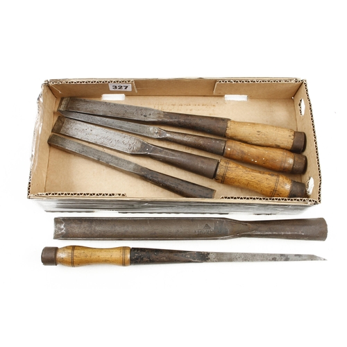 327 - Five socket chisels and a gouge by MARPLES two lack handles G++