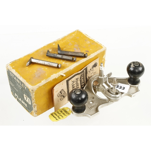 333 - A little used STANLEY No 71 router c/w 3 cutters, depth stop and fence in orig box G++