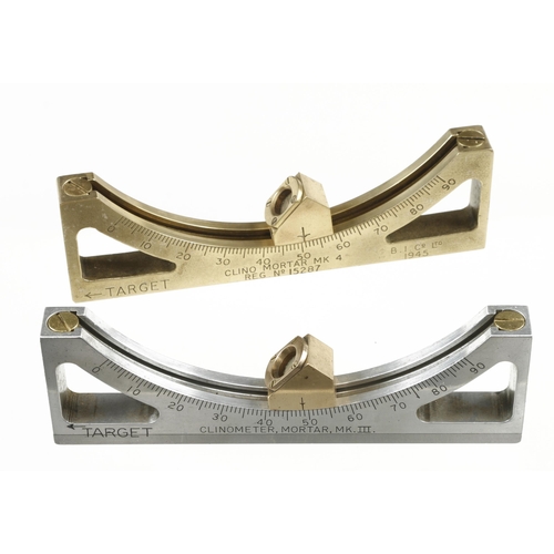 828 - Two Mortar clinometer sighting levels one in brass the other aluminium both named and dated 1945 and... 