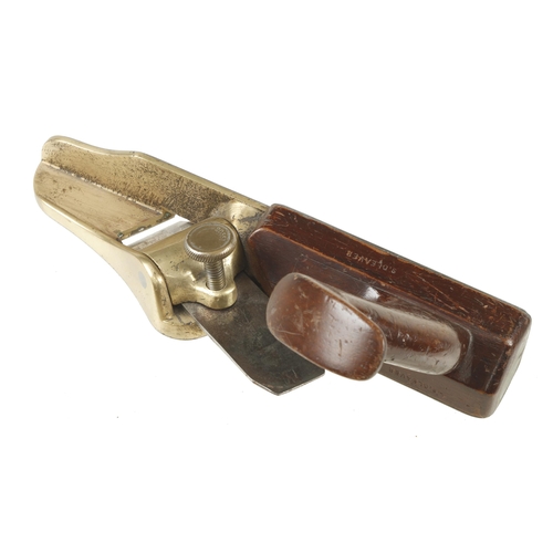 874 - A nice quality steel faced brass shouldering plane with mahogany? infill and handle G+