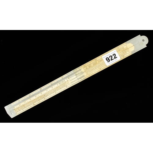 922 - An ironmonger's 2' four fold ivory rule with German silver caliper by RABONE with numerous scales in... 