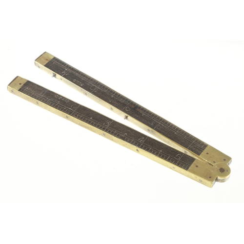 833 - A 12 French inch two fold brass bound ebony rule with Tiere du Metre etc G+