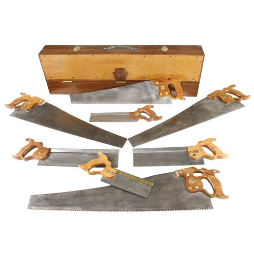 717 - A remarkable set of 8 little used DISSTON saws comprising 4 hand saws of 3, 6, 7 and 10 TPI and 4 ba... 