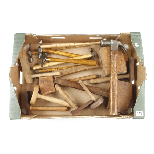 118 - A claw hammer, 6 other hammers, 3 mallets and 5 veneer hammers G+