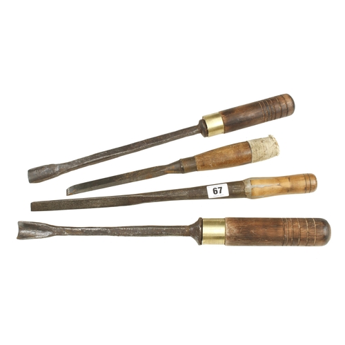 67 - Two rustic gouges, a bruzz and a mortice chisel G+