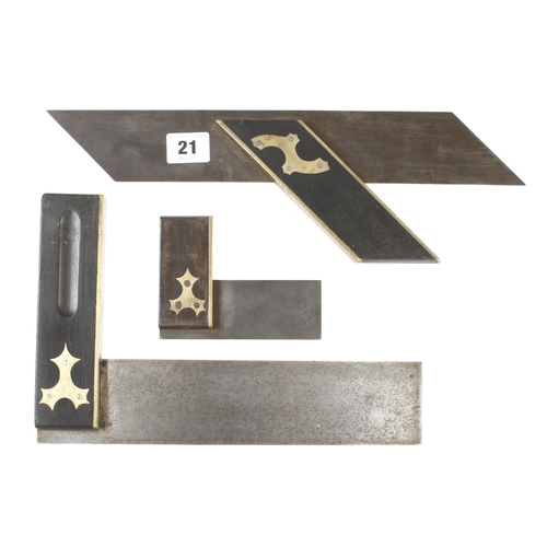 21 - An ebony and brass square, a mitre square and another smaller G+