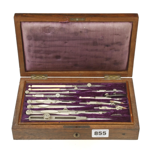 855 - A 12 piece German silver drawing set in brass inlaid rosewood case G++