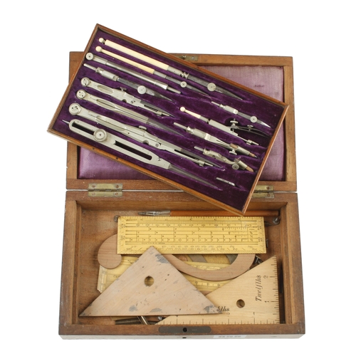 855 - A 12 piece German silver drawing set in brass inlaid rosewood case G++