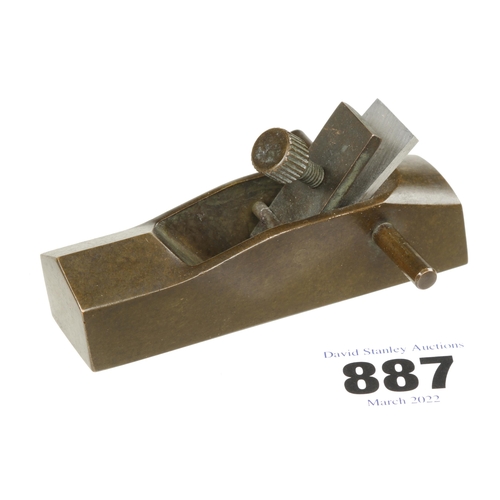 887 - An unusual miniature bronze try plane with cross handle 3 3/8