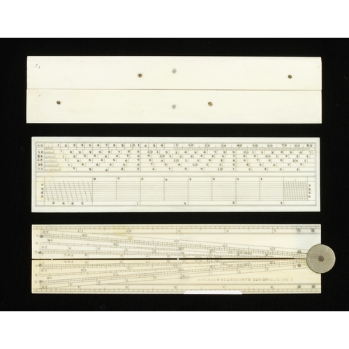 906 - A fine set of 3 ivory drawing aids by J.HALDEN Manchester ie. parallel rule, sector and scale rule F