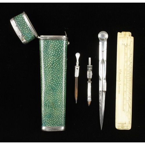 860 - An unusually slender silver? 4 piece etui with ivory scale rule marked I's SEARCH London (1771-81) i... 
