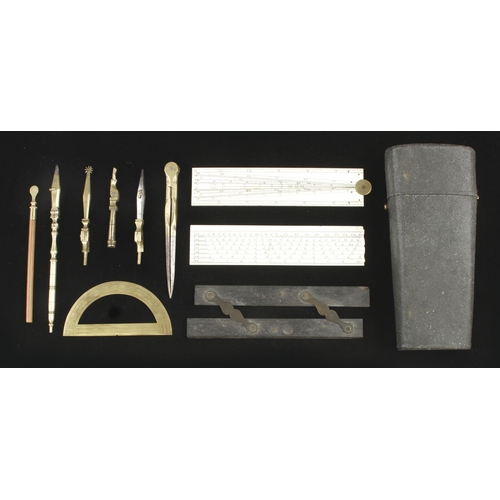 861 - A 10 piece etui with ivory sector and scale rule, ebony parallel rule etc one piece missing, in shag... 