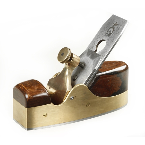 866 - A steel soled brass coffin smoother with rosewood infill G++