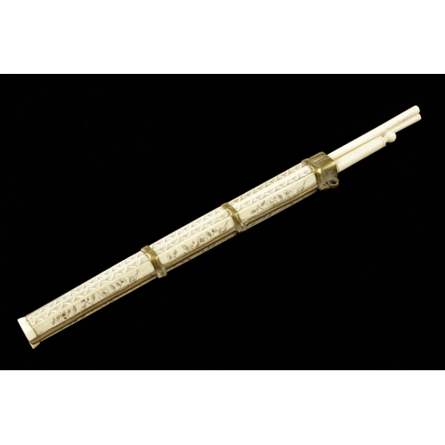 901 - A Japanese labourers ivory handled knife and two chopsticks in beautifully decorated fitted ivory an... 