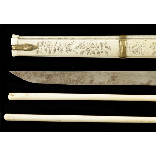 901 - A Japanese labourers ivory handled knife and two chopsticks in beautifully decorated fitted ivory an... 