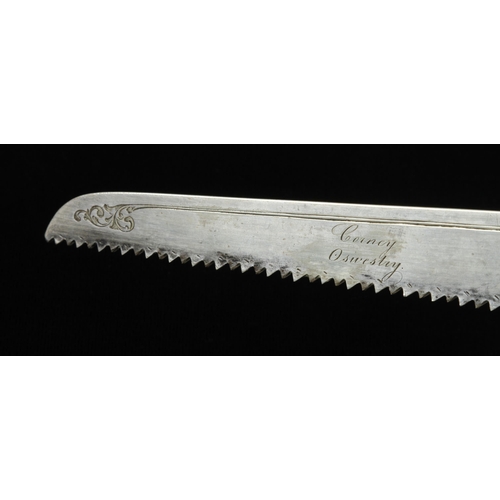 932 - A beautifully decorated saw engraved CORNEY Oswestry with ivory handle and 11