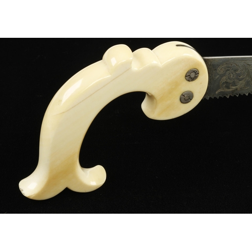 932 - A beautifully decorated saw engraved CORNEY Oswestry with ivory handle and 11