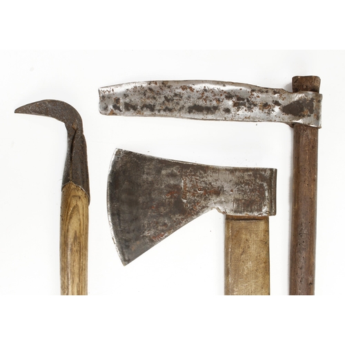 25 - Three French forest tools; a felling axe by GOLDENBERG a log dog and a 9