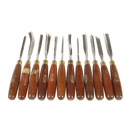 861 - A set of 12 little used carving tools by MARPLES with mahogany handles G++