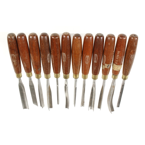 861 - A set of 12 little used carving tools by MARPLES with mahogany handles G++