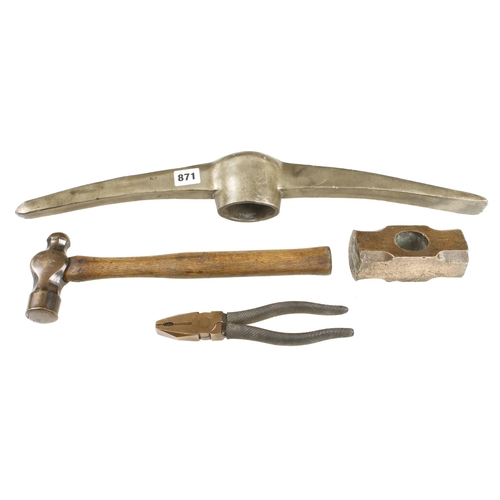 871 - Four brass and bronze tools ie. pick axe, lump hammer heads, hammer and pliers G++