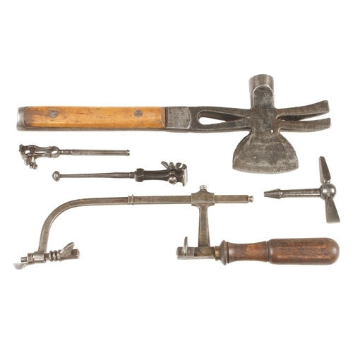 107 - Two pin vices, a crate axe, jeweller's saw etc G+