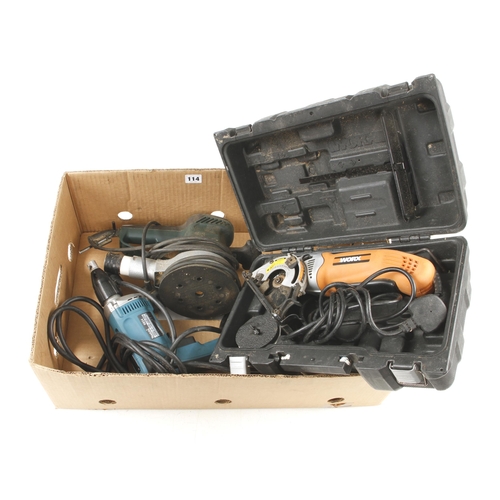 114 - A WORX multi function saw, a MAKITA dry wall driver and a METABO sander 240v Pat tested