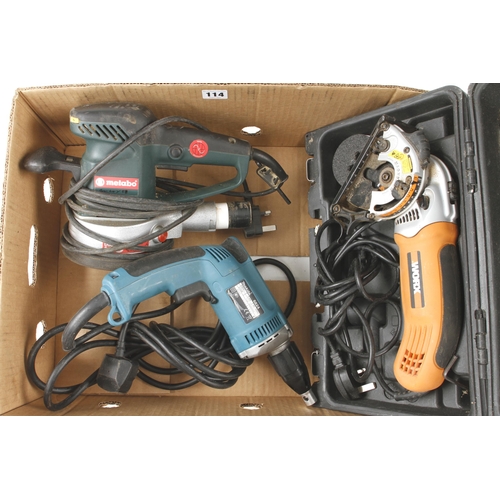 114 - A WORX multi function saw, a MAKITA dry wall driver and a METABO sander 240v Pat tested