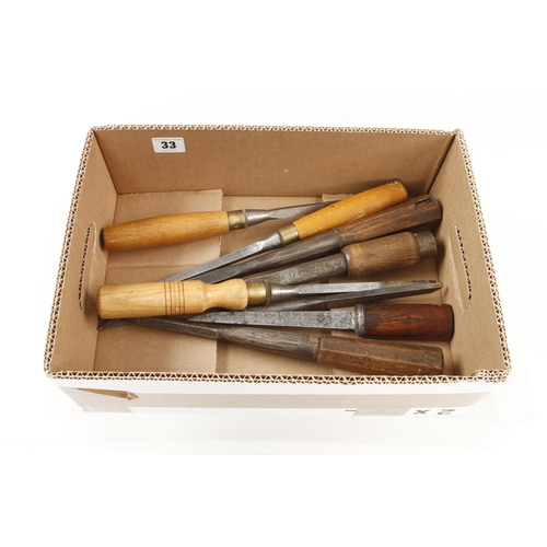 33 - Eight mortice chisels G+