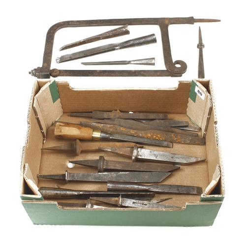 80 - Various mortice chisels, turnscrews and a hacksaw for re-handling G