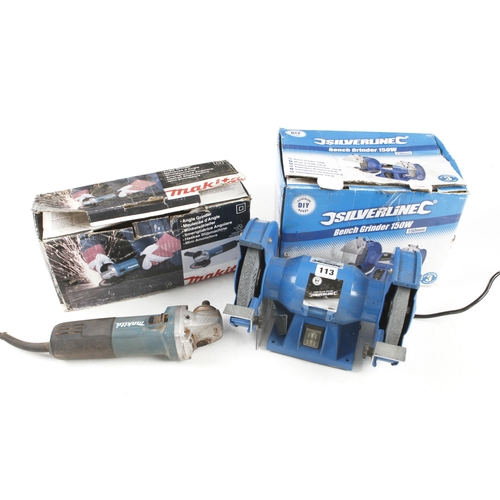 113 - A SILVERLINE bench grinder and a MAKITA angle grinder 240v Pat tested