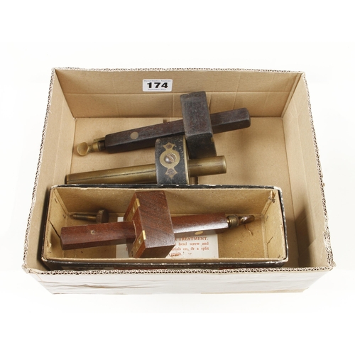 174 - An unused rosewood mortice gauge by MARPLES in orig box and two others G+