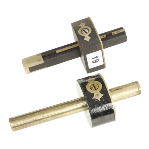 19 - Two ebony and brass mortice gauges G+