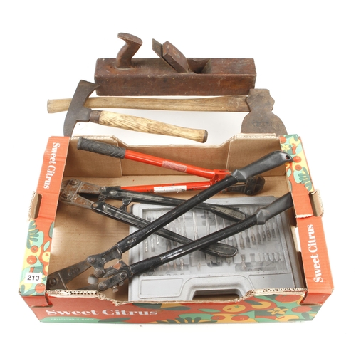 213 - Three pairs of bolt croppers, a set of drill bits and an axe G