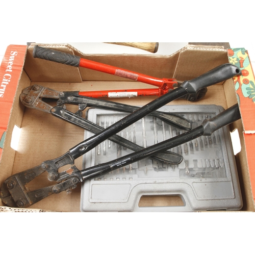 213 - Three pairs of bolt croppers, a set of drill bits and an axe G