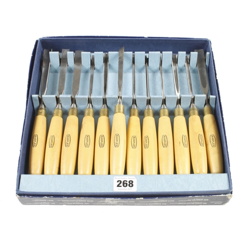 268 - A little used set of 12 carving tools by MARPLES No M60 with boxwood handles in orig box G++