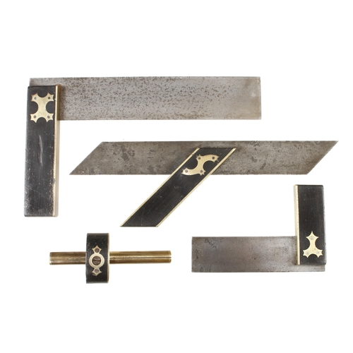 322 - Two ebony and brass squares, a mitre square and a mortice gauge G+