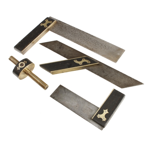 322 - Two ebony and brass squares, a mitre square and a mortice gauge G+