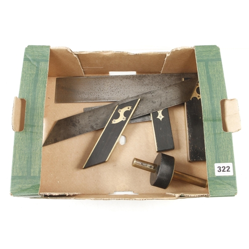 322 - Two ebony and brass squares, a mitre square and a mortice gauge G+