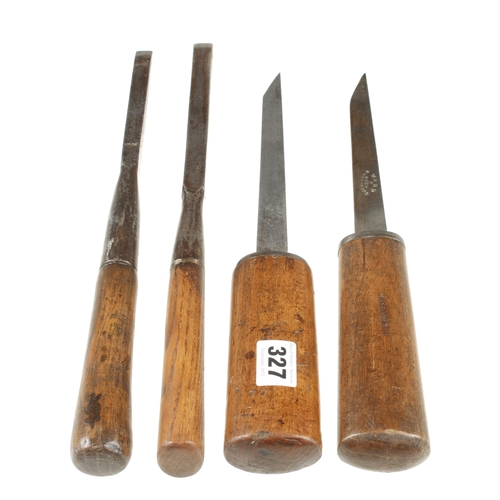 327 - Two early socket mortice chisels by RYE and HOWARTH and two others chisels by WARD G+