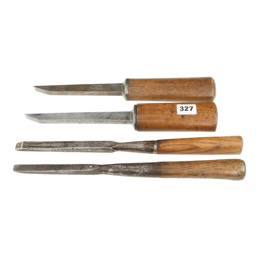 327 - Two early socket mortice chisels by RYE and HOWARTH and two others chisels by WARD G+