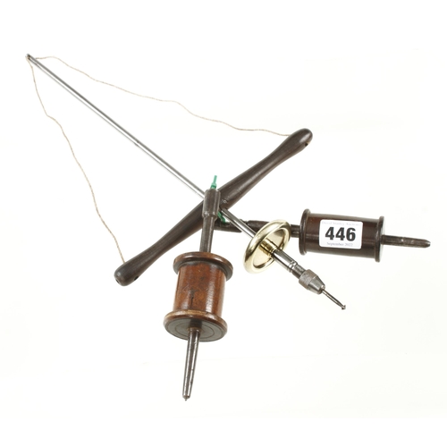 446 - A jeweller's pump drill with ebony grip and two drill stocks G+