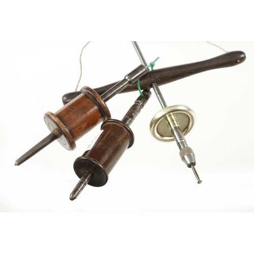 446 - A jeweller's pump drill with ebony grip and two drill stocks G+